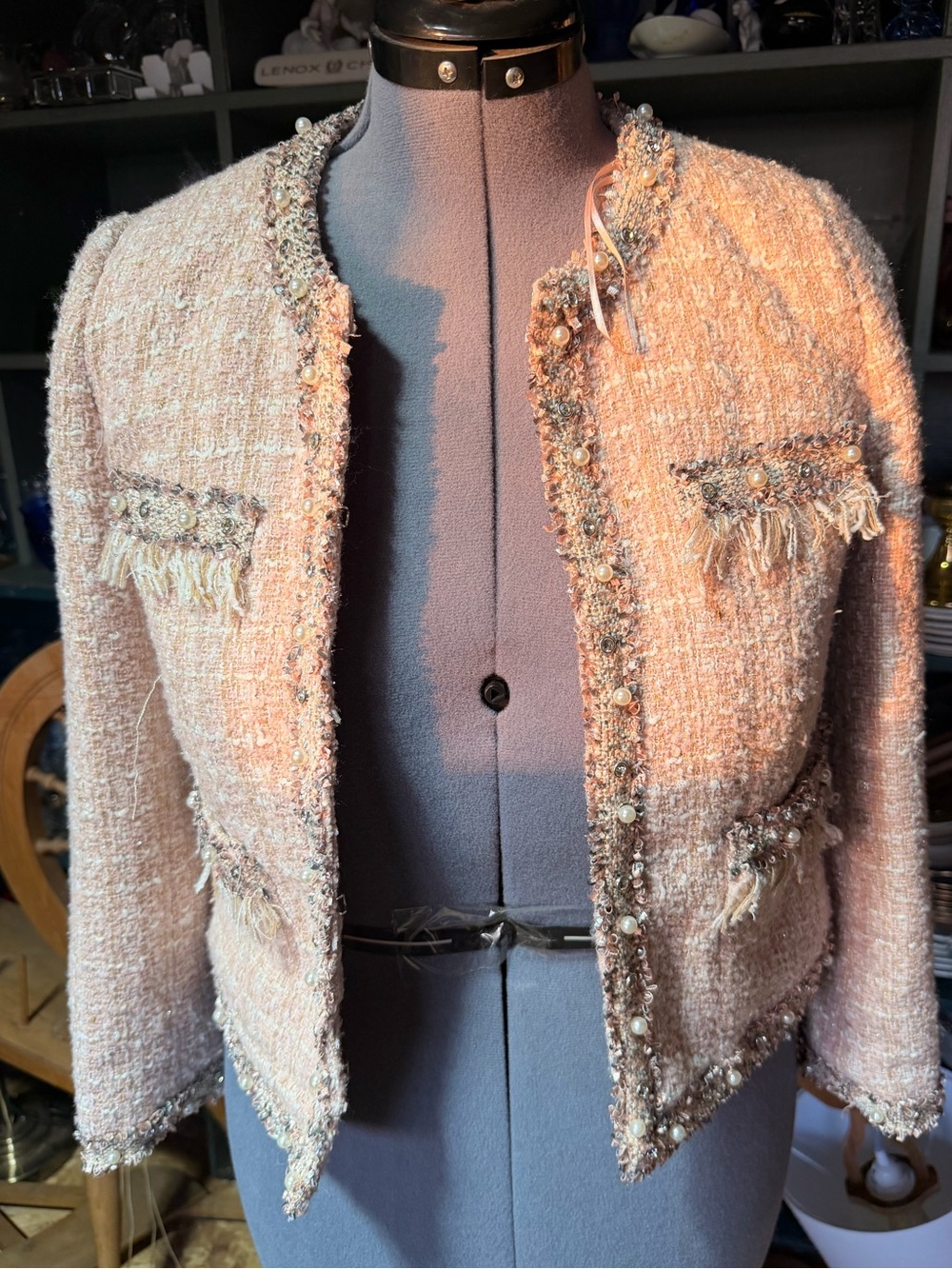Stella + Lorenzo Pink Tweed Jacket Pearl Rhinestone Embellished Blazer Sz XS Pre